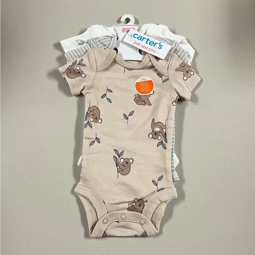 Carter's Beige Koala Print Short Sleeve Baby One-Piece Bodysuit (3pcs)